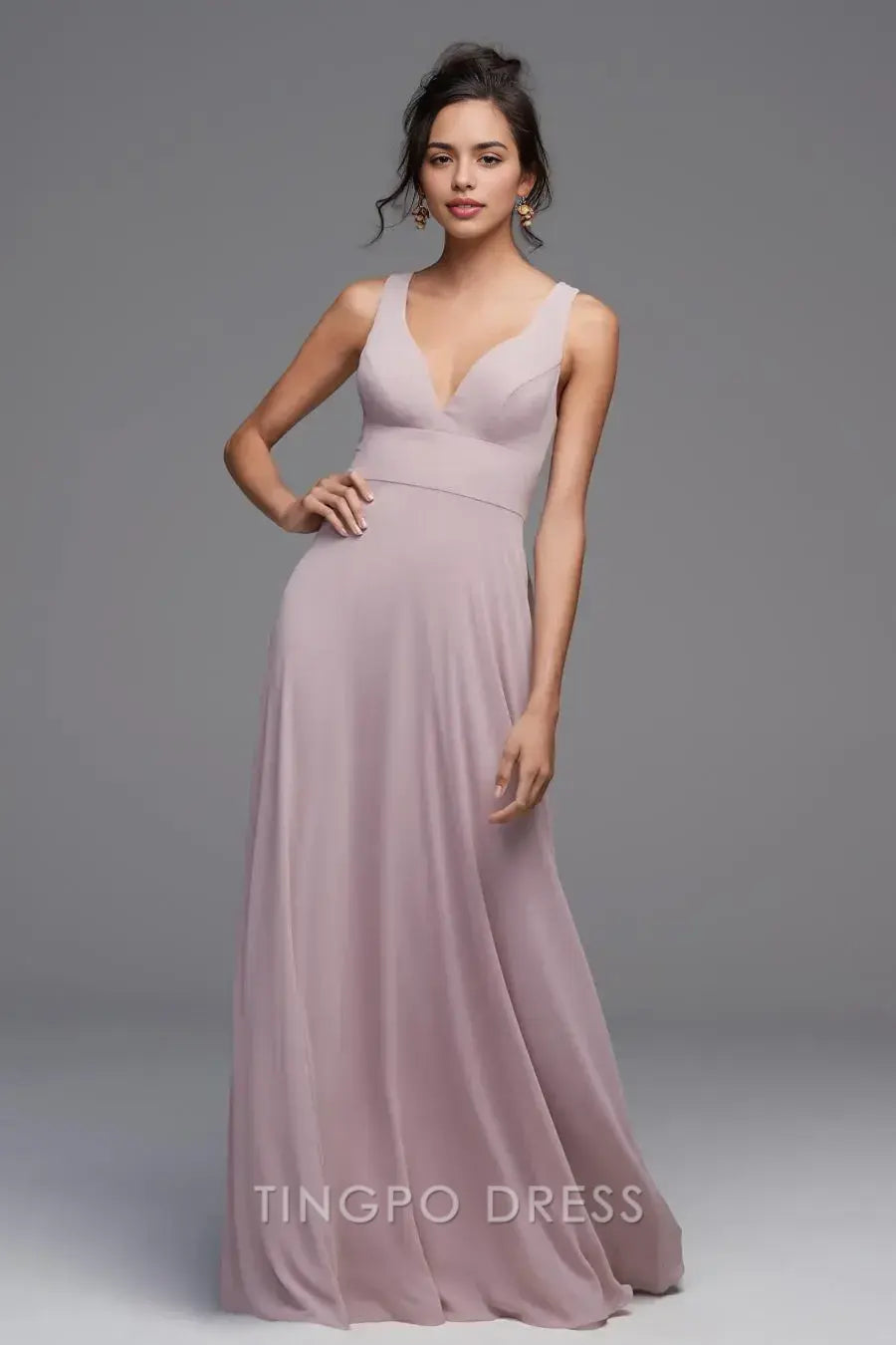 TingPo Wholesale Elegant Lilac Deep V Dress - Sleeveless Waist-Defined Maxi Evening Gown